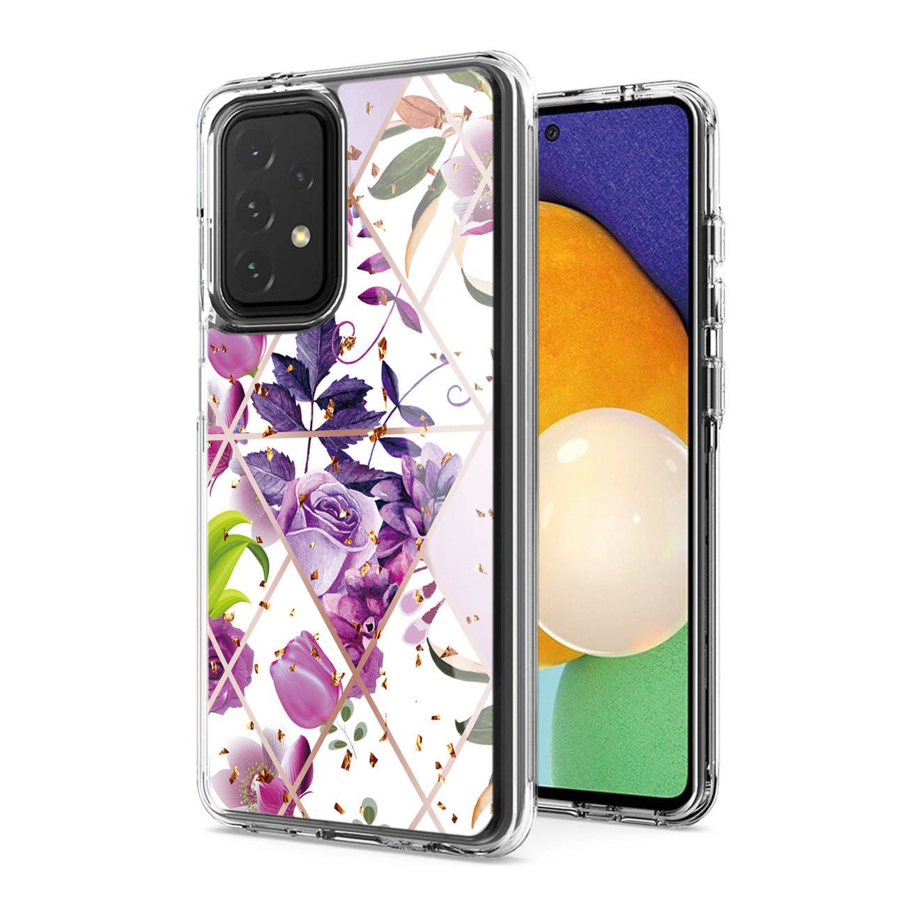Flower Design Pattern Printing Dual Layer Hybrid Hard Plastic and Soft TPU Rubber Case Cover for SAMSUNG GALAXY A52 5G In Purple Base Flower
